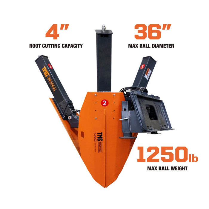 TMG Industrial 36” Skid Steer Hydraulic Tree Spade, 4” Diameter Cut Capacity, 22” Blade Opening, Hardox® 400 Blades, TMG-STS35
