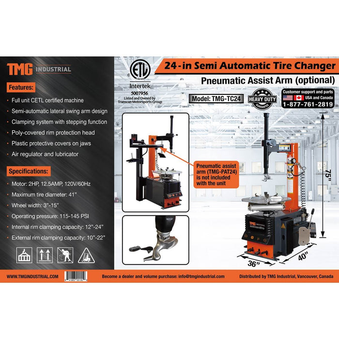 TMG Industrial Semi-Automatic Tire Changer, 12”-24” Rim Clamping Capacity, Step Pedal Control, 2 HP Motor, Certified For Canada/USA, TMG-TC24