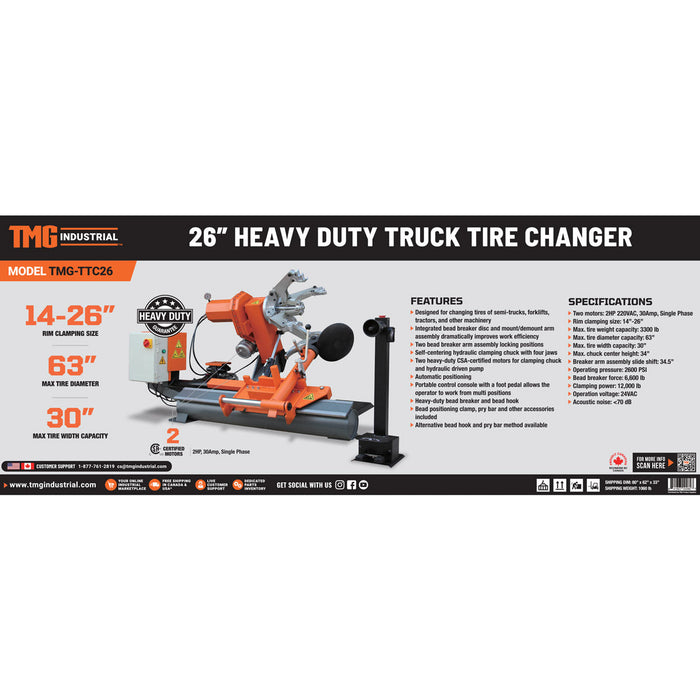 TMG Industrial 26” Heavy Duty Truck Tire Changer, 63” Tire Capacity, Bead Breaker w/Disk & Bead Hook, 3300 lb Weight Capacity, Portable Controls w/ Foot Pedal, CSA certified Motors, TMG-TTC26