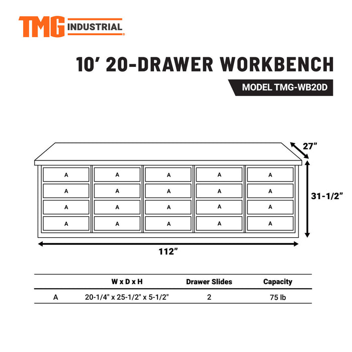 TMG-WB20D 10' 20-Drawer Workbench with Keyed Alike Locks