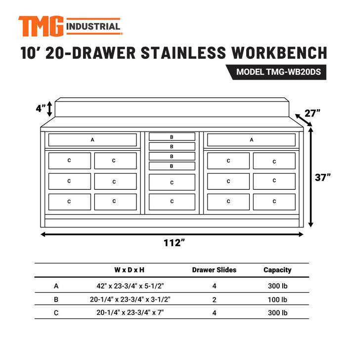 TMG Industrial Pro Series 10-FT 20 Drawer Stainless Steel Table Top Workbench, Powder Coated Drawer Fronts, Double Slide Lockable Drawers, All-in-one Welded Frame, TMG-WB20DS