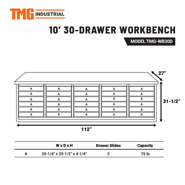 TMG-WB30D 10' 30-Drawer Workbench with Keyed Alike Locks