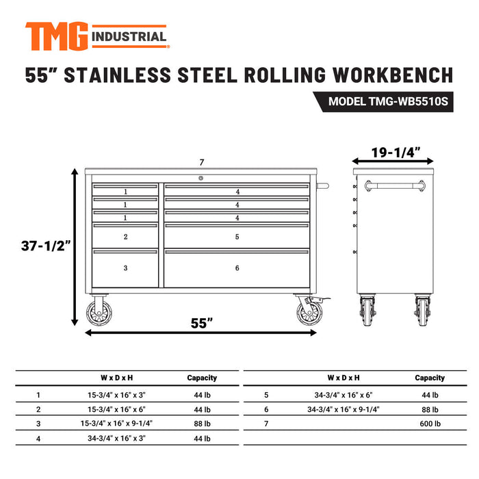 TMG Industrial 55” Stainless Steel Rolling Workbench, Rubberwood Tabletop, Lockable Drawers, Locking Wheels, TMG-WB5510S