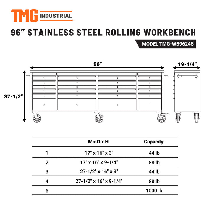 TMG Industrial 96” Stainless Steel Rolling Workbench, Rubberwood Tabletop, 24 Lockable Drawers, Locking Wheels, TMG-WB9624S