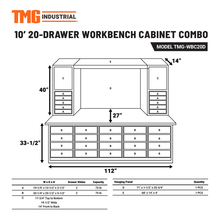 TMG-WBC20D 10' 20-Drawer Workbench Cabinet Combo with Stainless Steel Drawer Panels