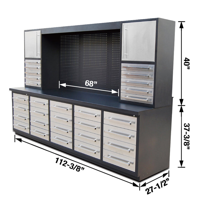 TMG-WBC20D 10' 20-Drawer Workbench Cabinet Combo with Stainless Steel Drawer Panels