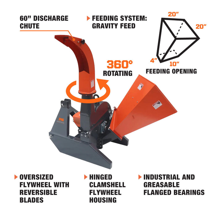 TMG Industrial Sub Compact 3-Point Wood Chipper, 4" Chipping Capacity, Category 1 Hookup, 30-50 HP Tractor, PTO Shaft Included, TMG-WC42